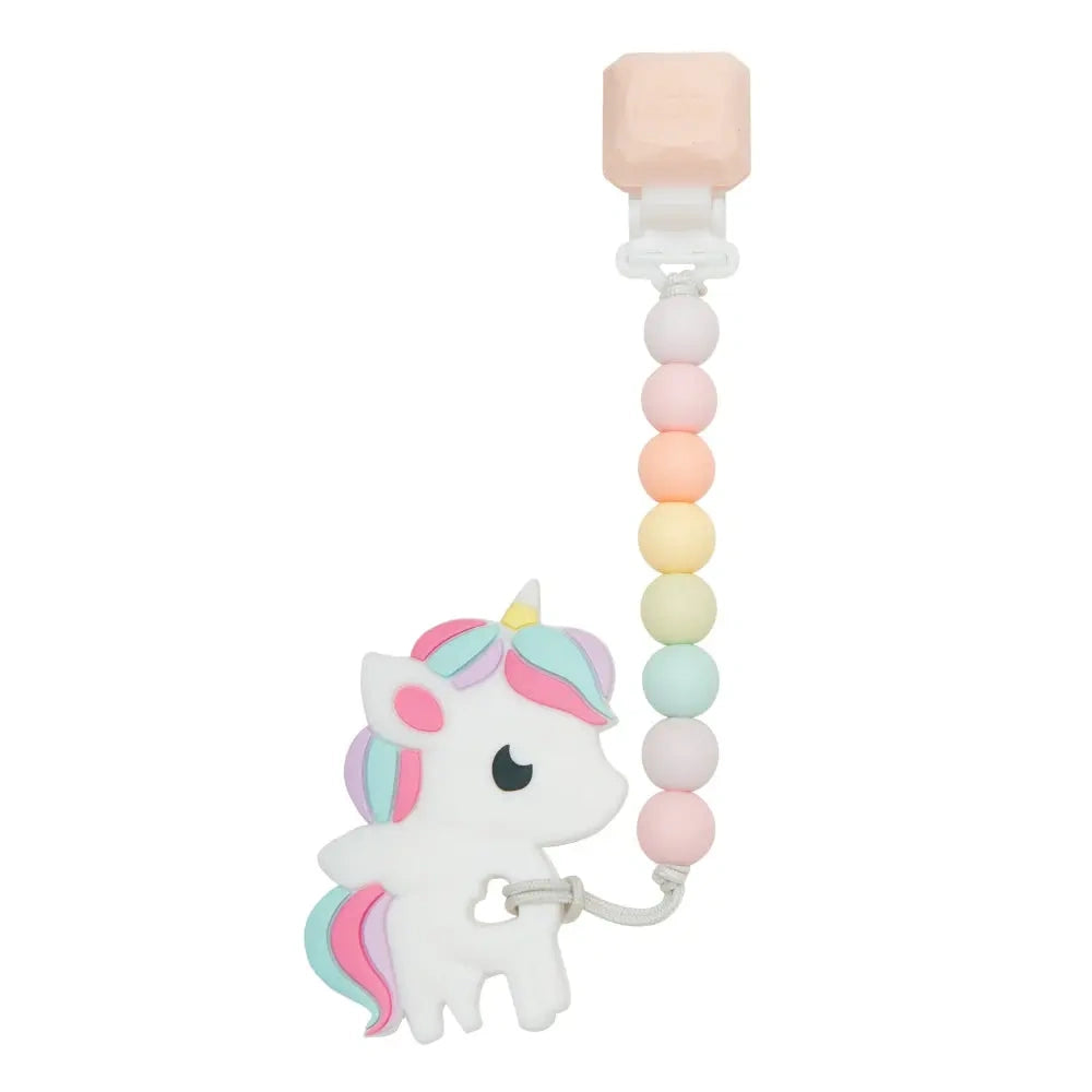 Loulou Lollipop Pacifier Clip & Teether Set Gem — Rainbow Unicorn front product view.