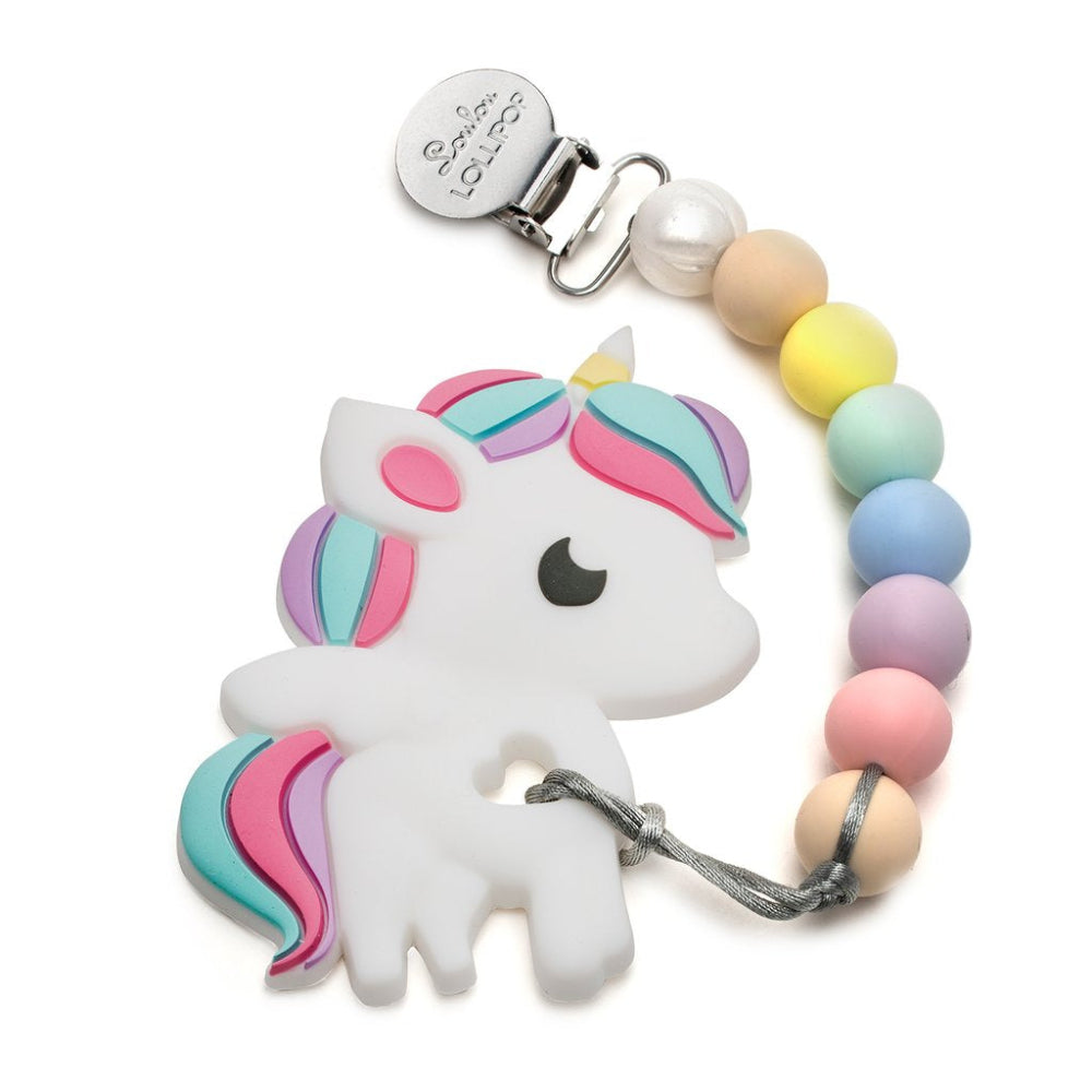 Loulou Lollipop unicorn pacifier clip teether set with pastel silicone beads and metal clasp