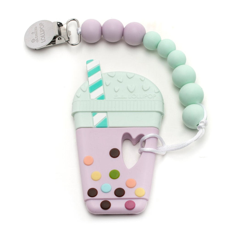 Loulou Lollipop pacifier clip teether set with pastel lilac and mint beads and mint cup design