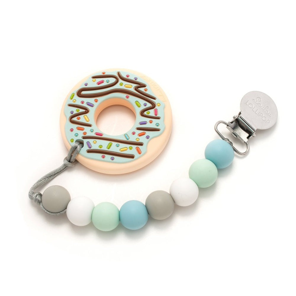 Loulou Lollipop pacifier clip teether set with pastel bead chain and mint donut silicone teether
