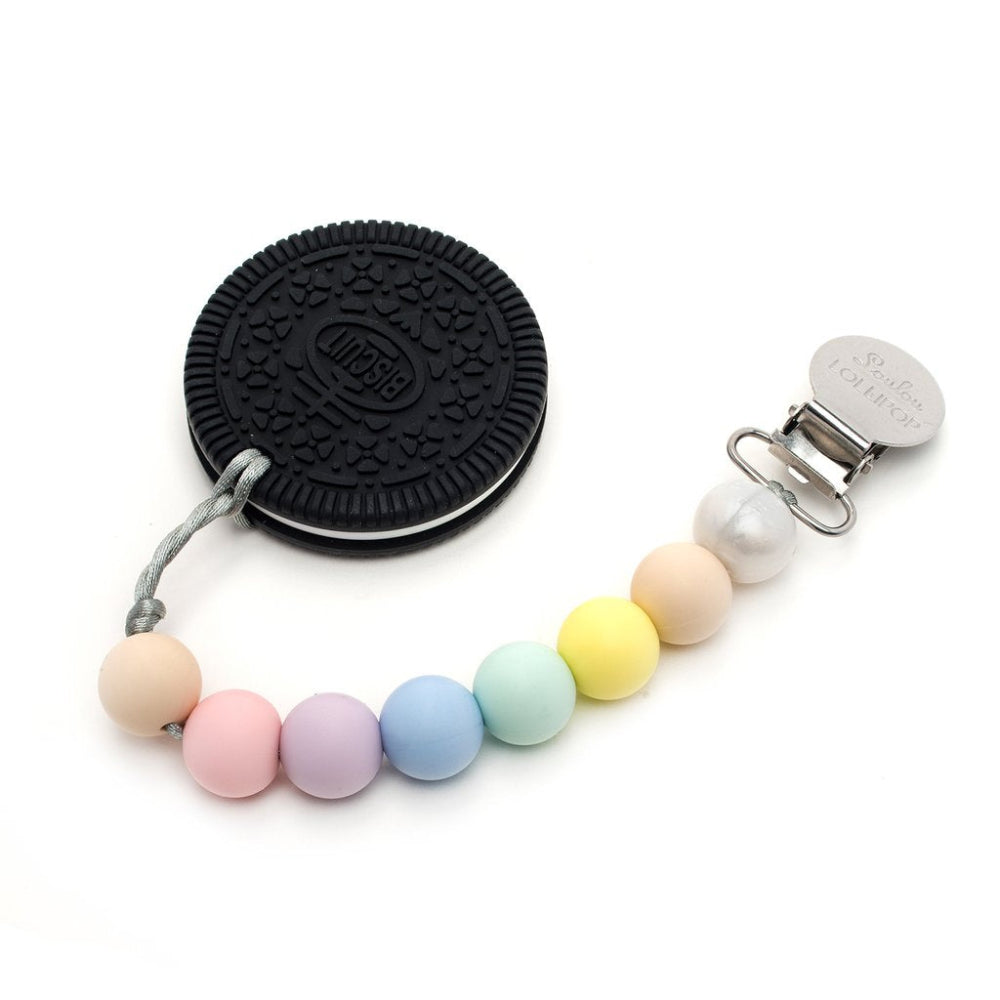 Loulou Lollipop pacifier clip teether set with pastel silicone beads and a black cookie-style holder