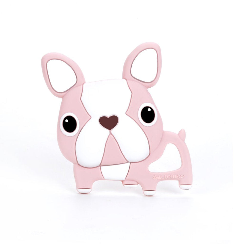Loulou Lollipop teether clip in pink silicone dog design