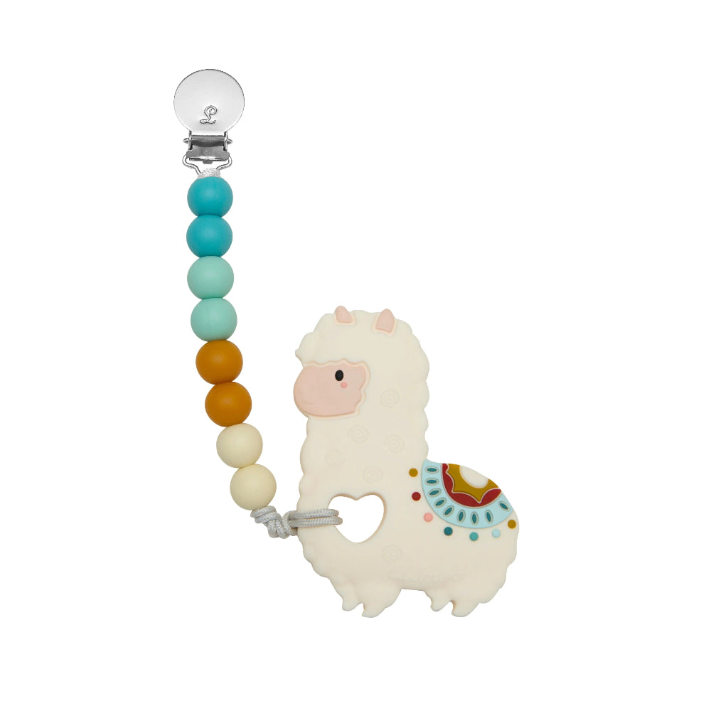 Loulou Lollipop pacifier clip teether featuring a cream llama with multicolor beads