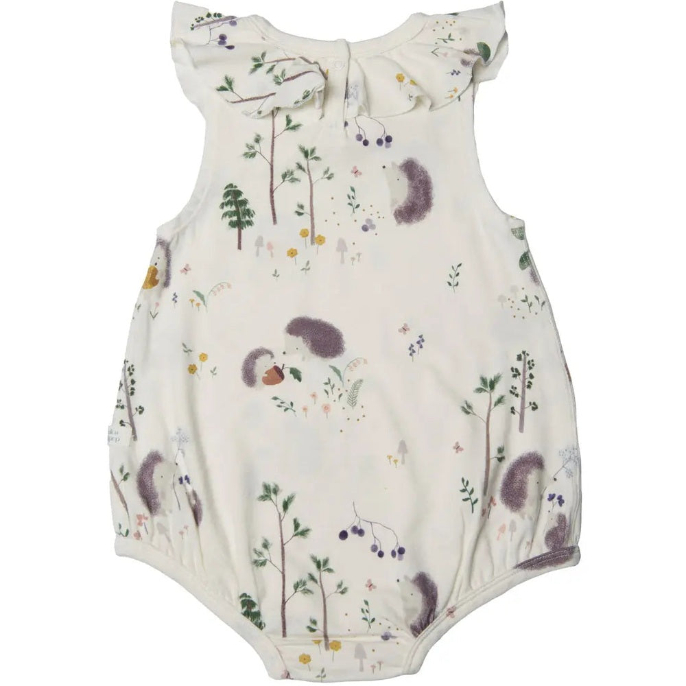 Loulou Lollipop Hedgehogs Ruffle Bubble Suit in ivory; shows fluttery ruffle sleeves and woodland print on a baby onesie.