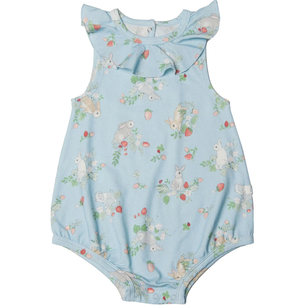 Loulou Lollipop Ruffle Bubble Suit Some Bunny Loves You in light blue with bunny print, ruffled shoulders, and snap crotch.
