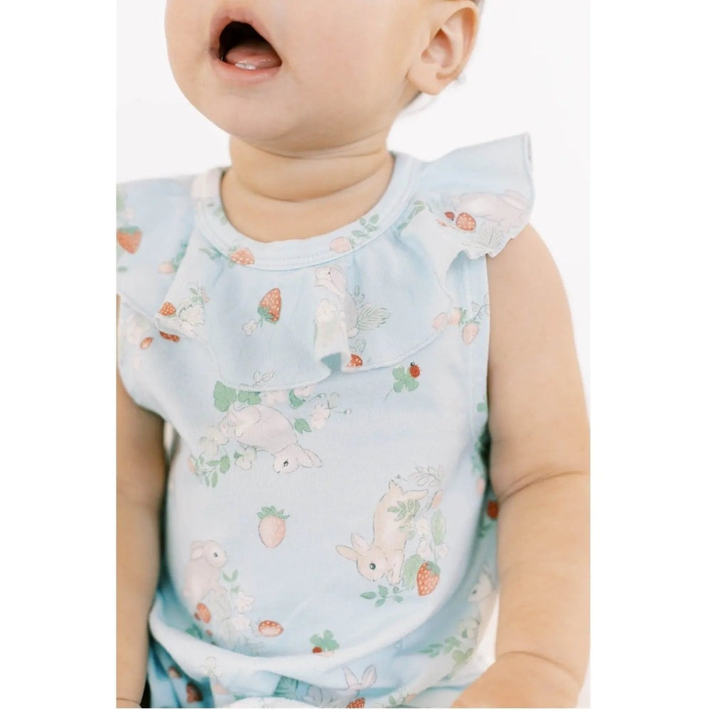 Loulou Lollipop Some Bunny Loves You Ruffle Bubble Suit in light blue with bunny print; baby wears flutter-sleeve top.