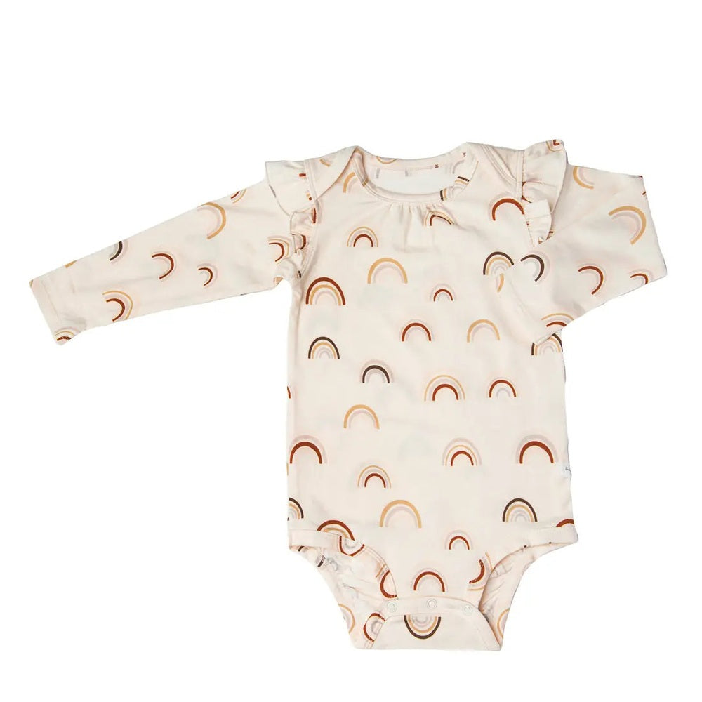 Loulou Lollipop Ruffle Long Sleeve Bodysuit Canyon Rainbow, cream with pastel arches; flat-lay shows ruffle shoulders.