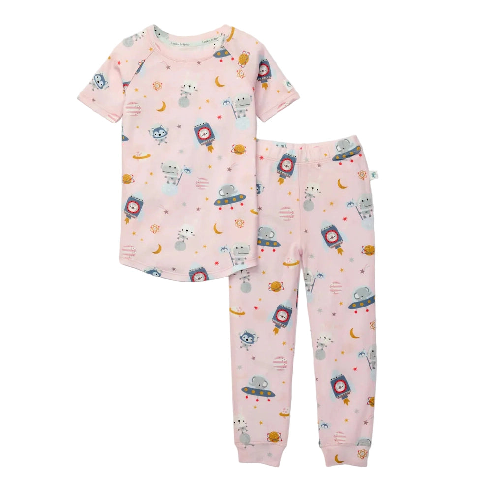 LOULOU LOLLIPOP Loulou Lollipop Short Sleeve Long Pants Pajama Set Astro Explorers printed with animals in rockets and UFOs plus img 1/2