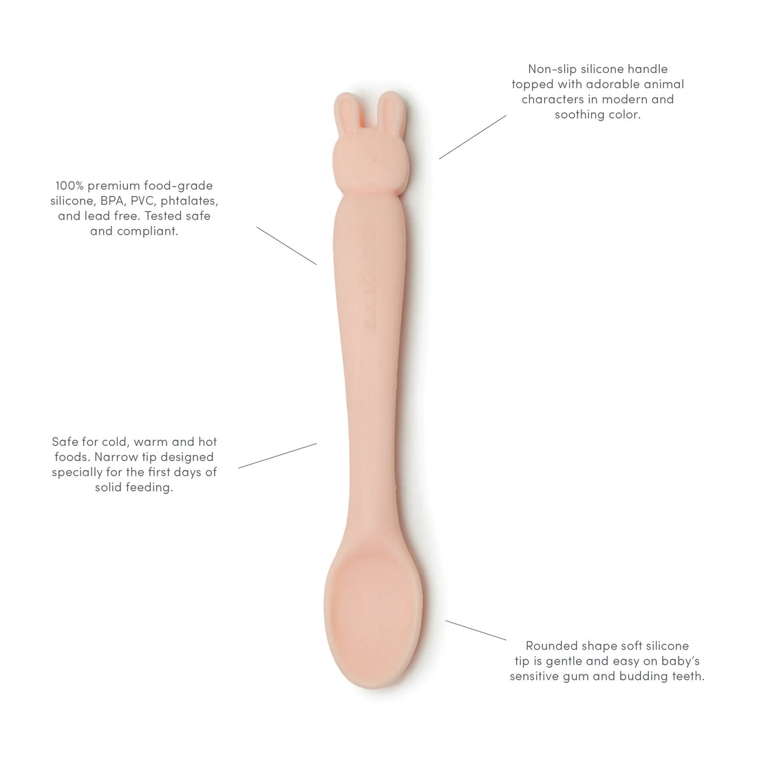 Loulou Lollipop Silicone Baby Spoon - Bailey Bunny — product view with feature callouts.