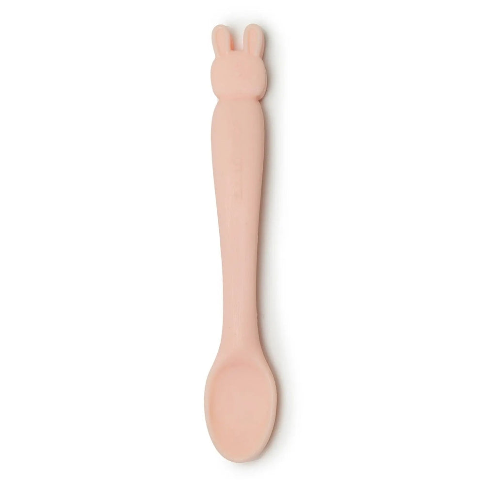 Loulou Lollipop Silicone Feeding Spoon, pale pink with bunny handle; soft baby-safe silicone.
