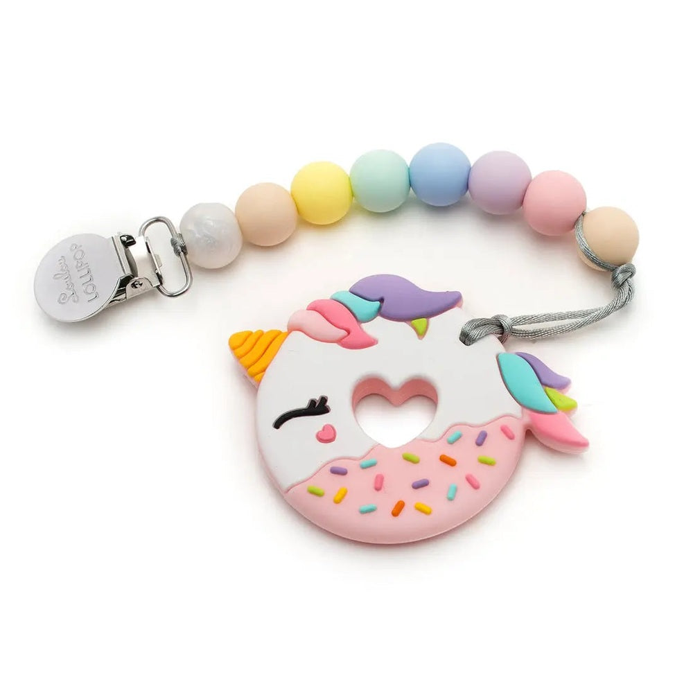 Loulou Lollipop silicone teether set with pastel bead clip attached to a metal clip and unicorn donut charm
