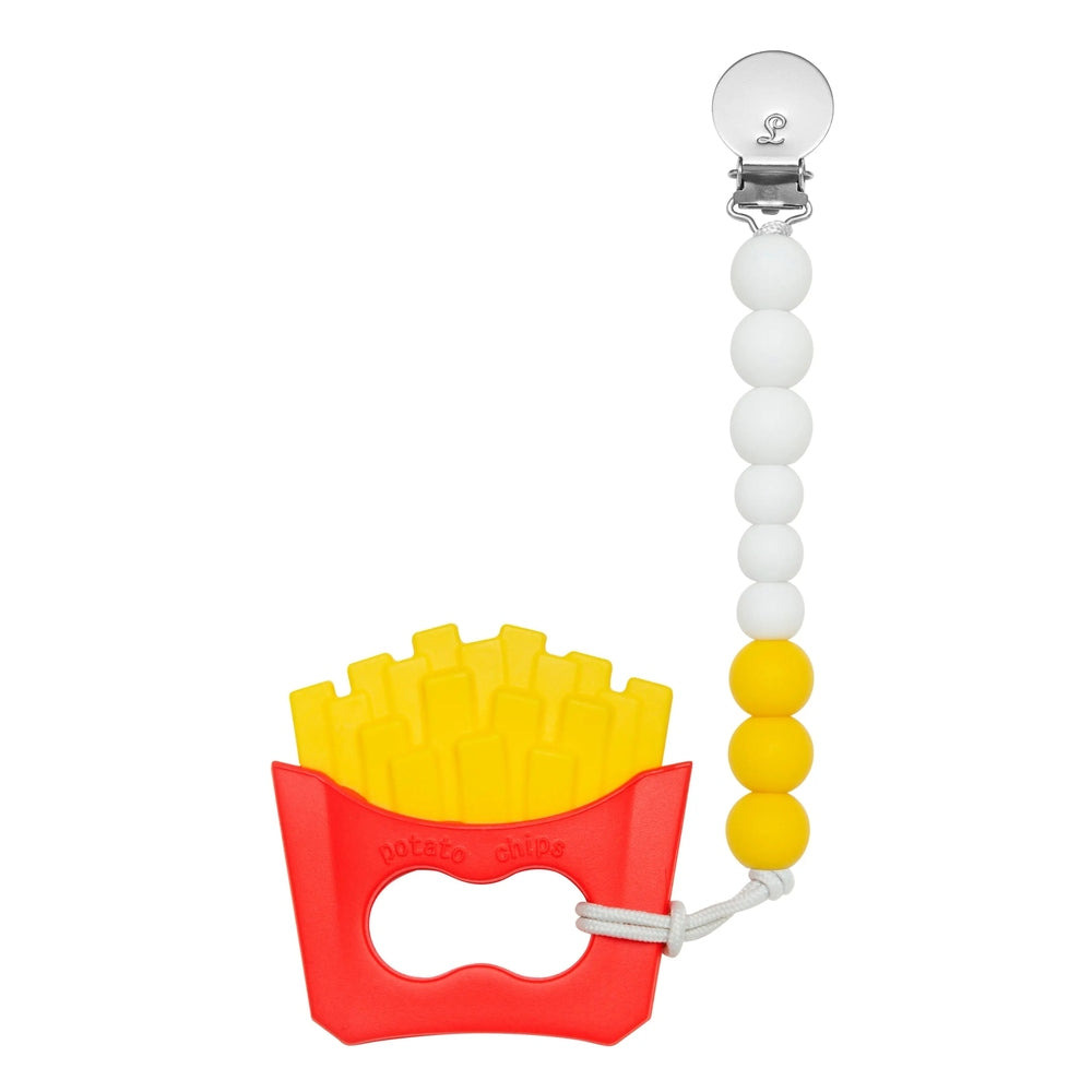 Loulou Lollipop Silicone Teether Set, red fry-shaped teether with yellow beaded clip on a white cord.