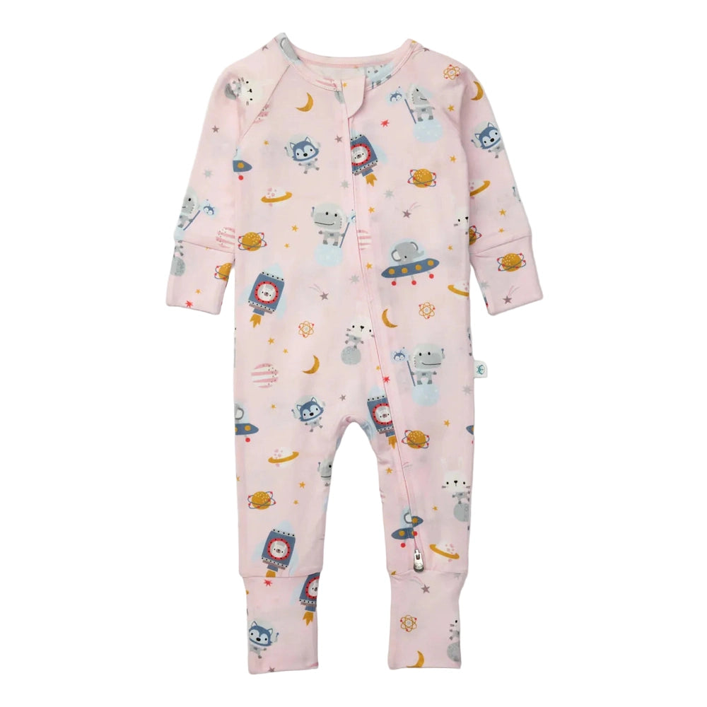 LOULOU LOLLIPOP Loulou Lollipop Sleeper Astro Explorers front zip closure with ribbed cuffs and space print img 1/5
