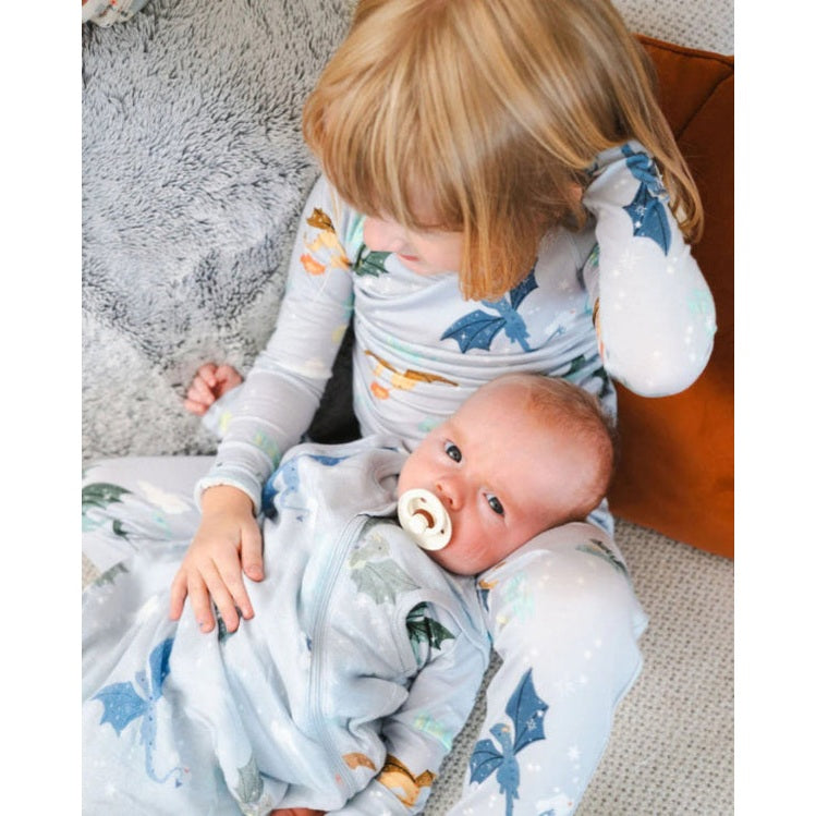 Loulou Lollipop Sleeper Magical Dragons: dragon-print baby sleepers worn by two kids on