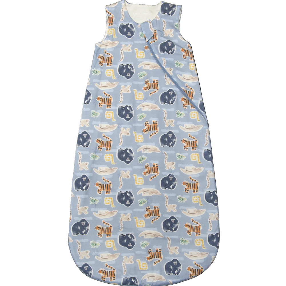 Loulou Lollipop TENCEL Sleep Bag 1.0 TOG Jungle Friends in blue, diagonally zipped to keep baby snug.