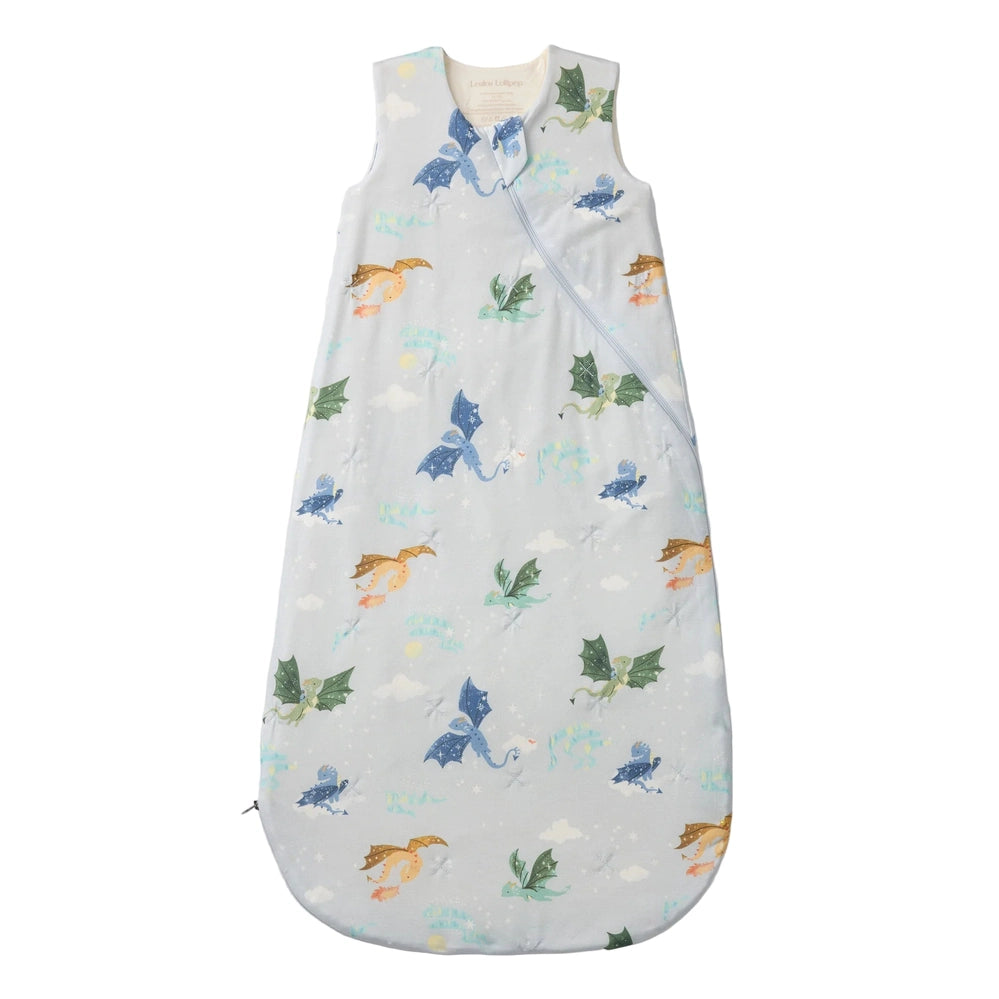 Loulou Lollipop TENCEL Sleep Bag 1.0 TOG Magical Dragons in pale gray with dragon print and diagonal zipper.