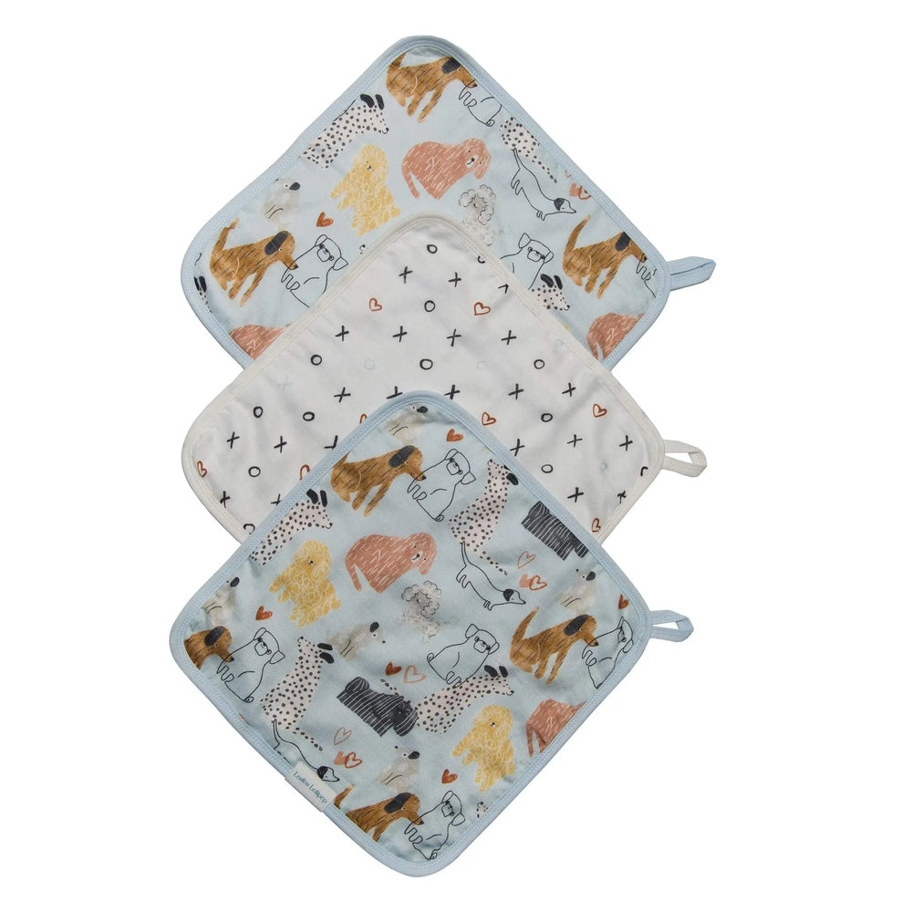 Loulou Lollipop Washcloth 3-Piece Set in light blue with playful dog prints, shown stacked for bath time.