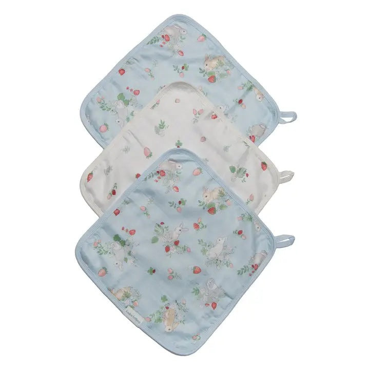 Loulou Lollipop Washcloth 3-piece set in pastel blue and white floral pattern, stacked for bath time.