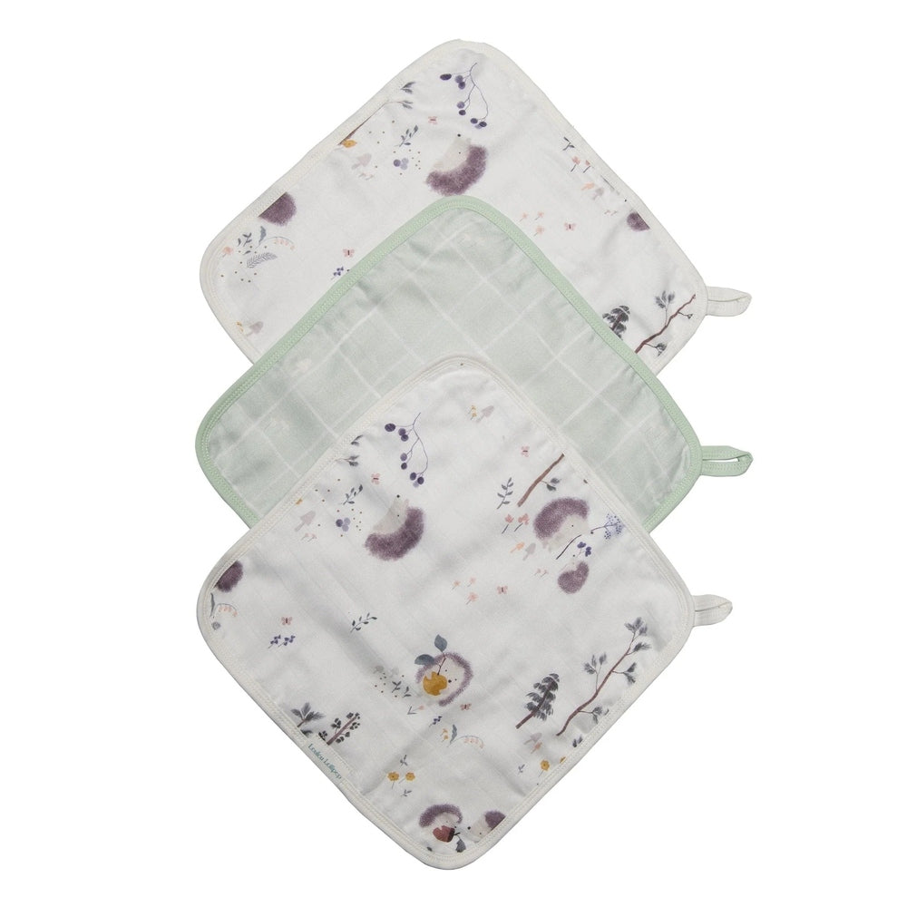 Loulou Lollipop Washcloth 3-Pieces Set in White Floral Print with Mint Green Backing