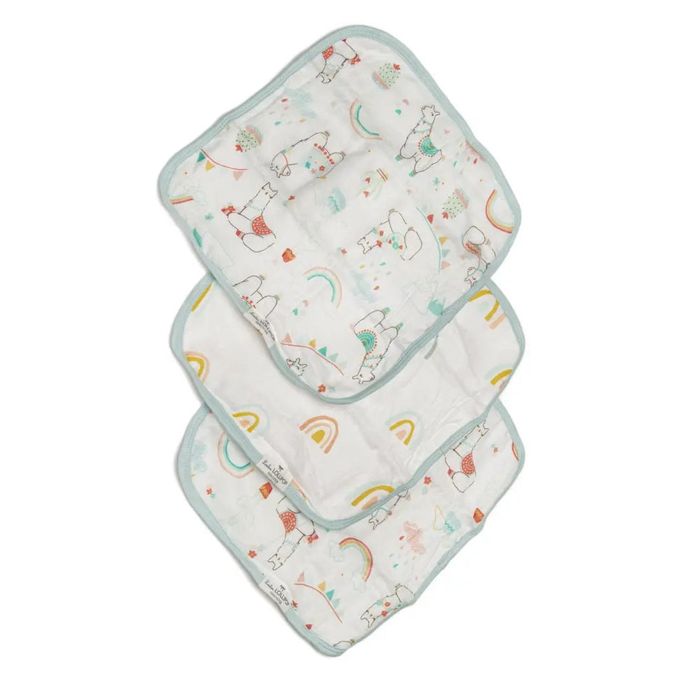 Loulou Lollipop Washcloth 3-Piece Set in mint trim, stacked for bath with playful llama print