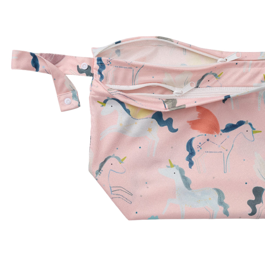 LOULOU LOLLIPOP Wet Dry Bag in pink unicorn print with zipper closure and carry strap.