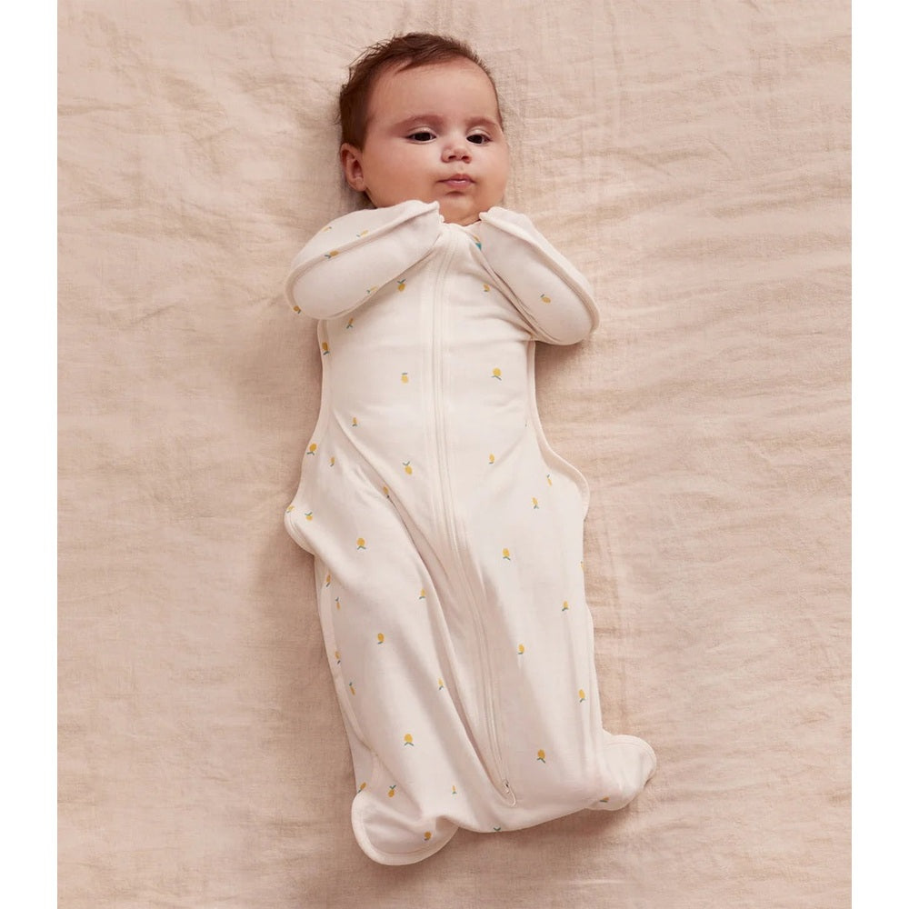 LOVE TO DREAM Love To Dream Swaddle Up Bamboo 1.0 Tog Cream Lemons center zip with integrated mittens and gathered bottom img 3/8