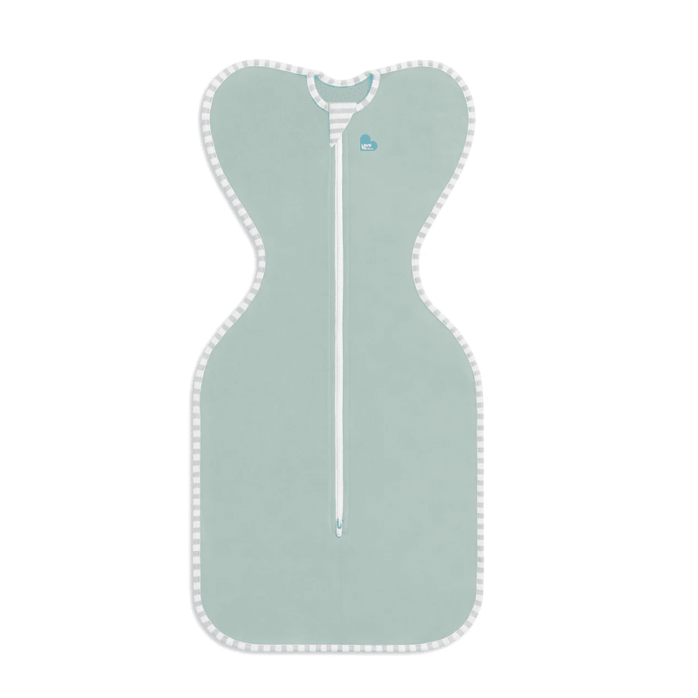 Love To Dream Swaddle Up Cotton 0.2 Tog olive baby swaddle with white striped edging and zipper