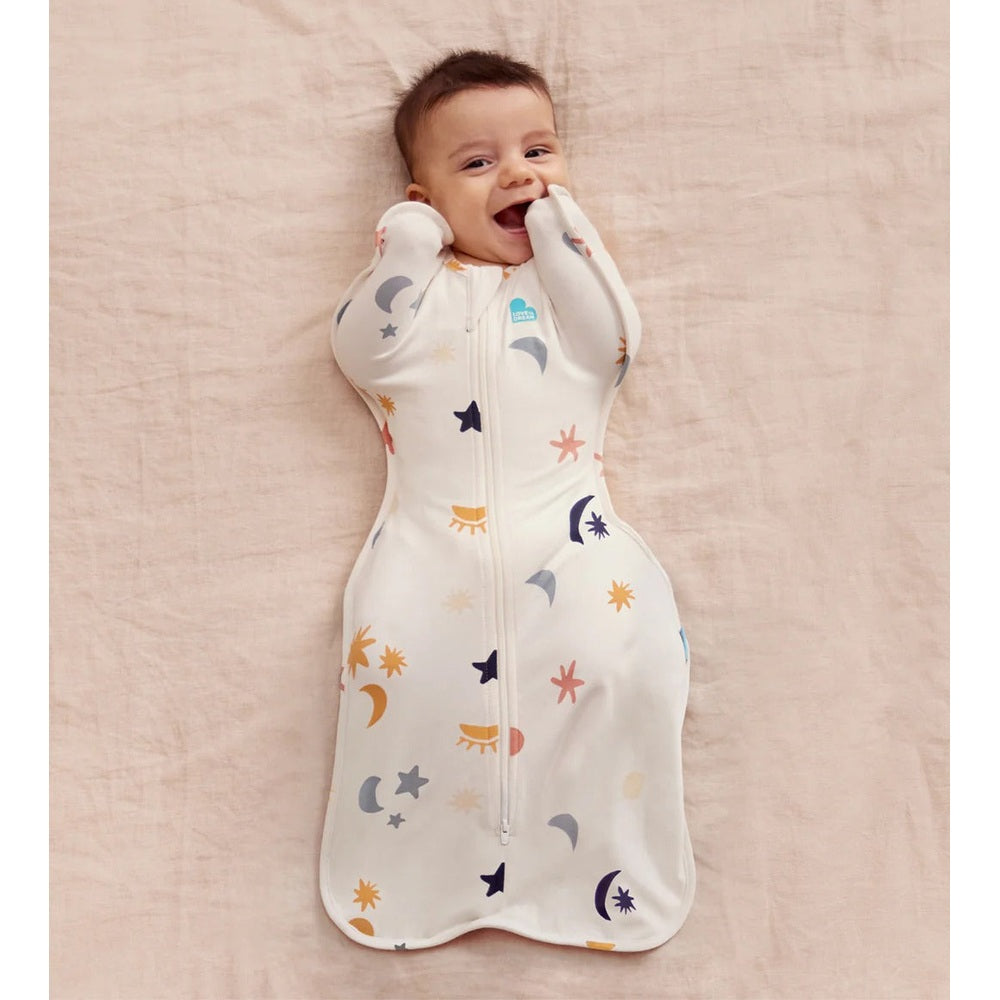 LOVE TO DREAM Love To Dream Swaddle Up Organic Cotton 1.0 Tog Buff Lunar arms-up wing design with center zipper and celestial prints img 2/7