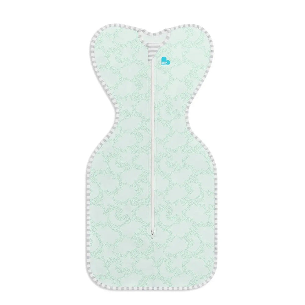Love To Dream Swaddle Up Organic Cotton 1.0 Tog Celestial Dot Mint swaddle laid flat with visible front zipper.