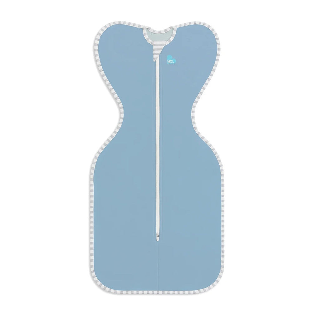 Love To Dream Swaddle Up Original Cotton 1.0 Tog in dusty blue, zippered baby swaddle with striped trim.