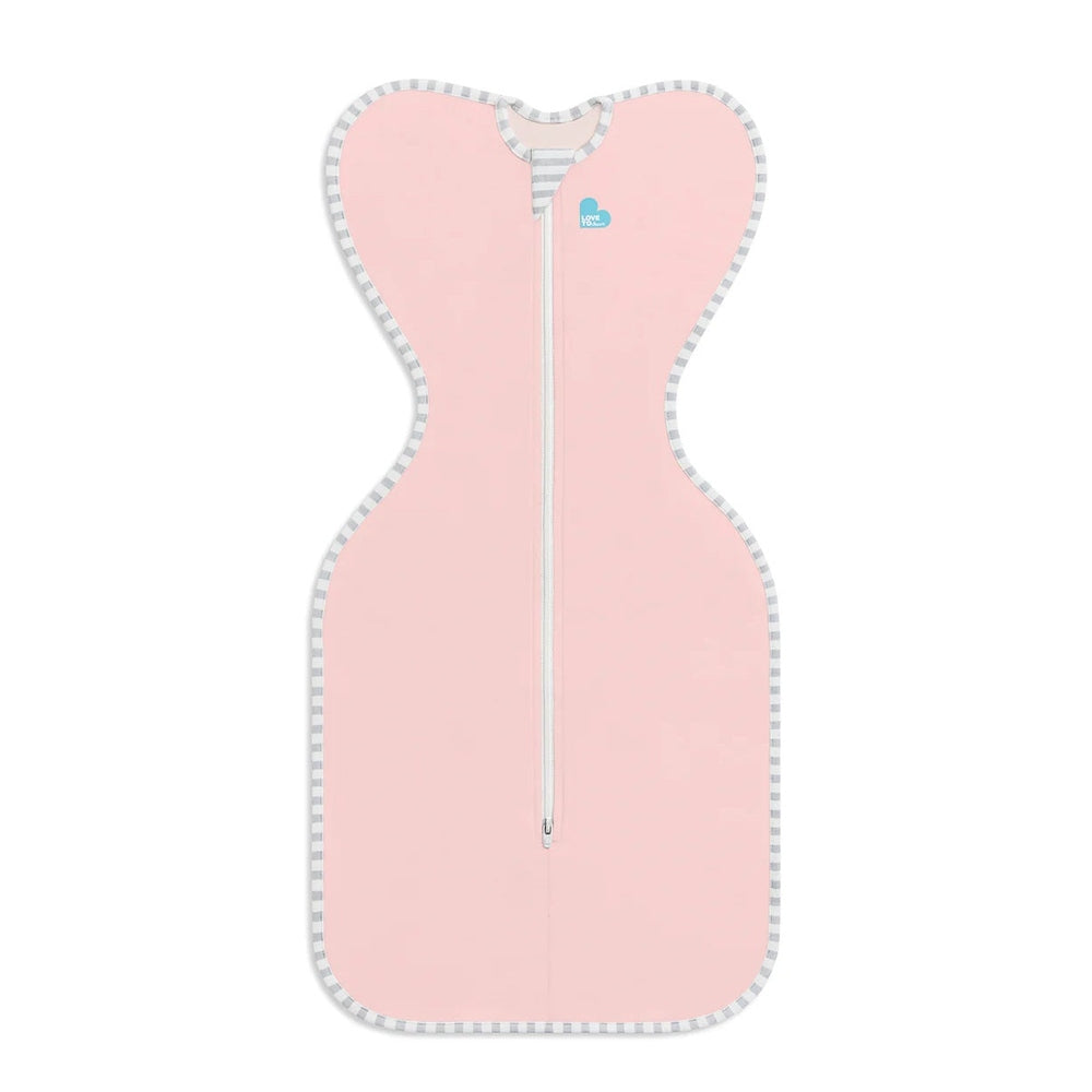 Love To Dream Swaddle Up Original Cotton 1.0 Tog Dusty Pink baby swaddle, front-zippered with gray striped trim.