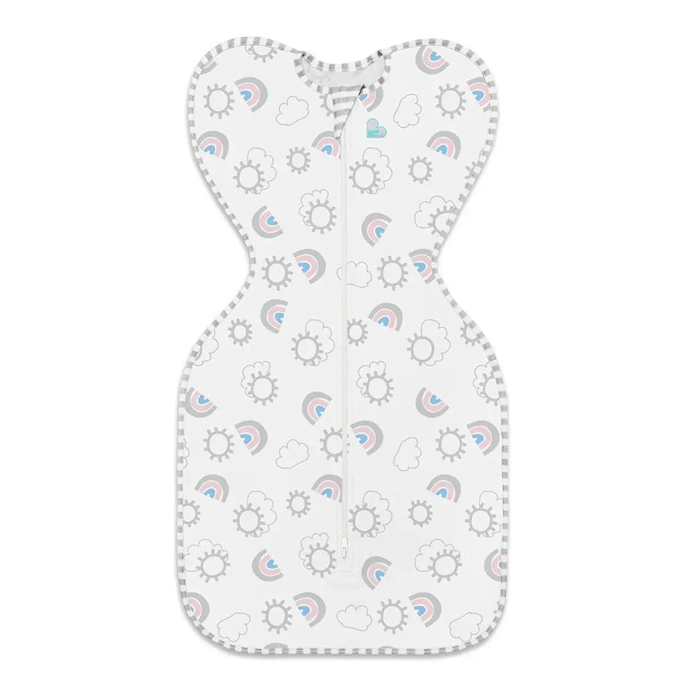 Love To Dream Swaddle Up Original Cotton 1.0 Tog Rainbow White, white swaddle with pastel rainbows and clouds, gray striped trim and front zipper