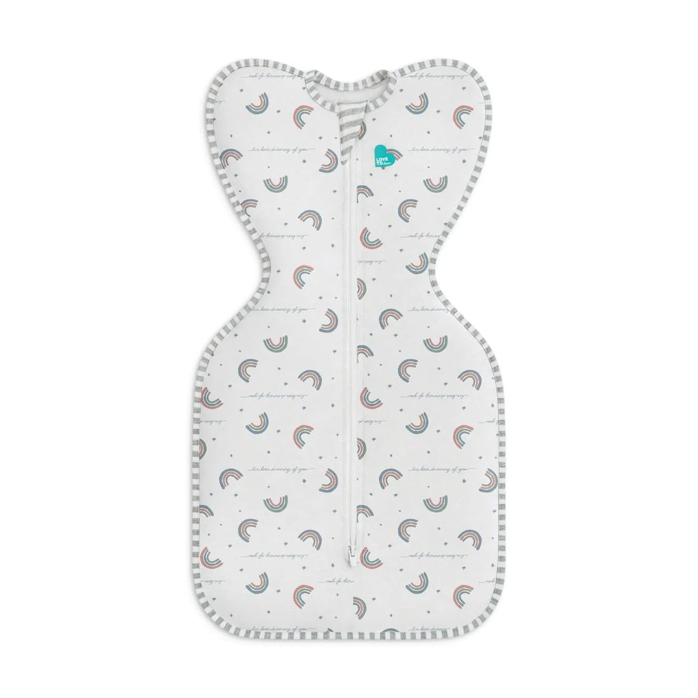 LOVE TO DREAM Love To Dream Swaddle Up Original Cotton 1.0 Tog White Rainbow Dream Wing-shaped arms with full-length center zip and img 1/6