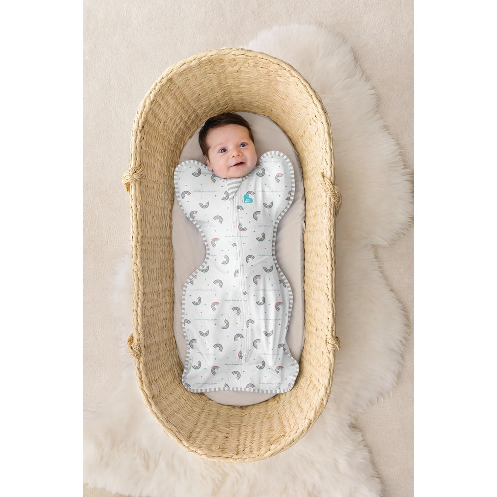 LOVE TO DREAM Love To Dream Swaddle Up Original Cotton 1.0 Tog White Rainbow Dream with wing-shaped arms and center zipper closure img 2/6