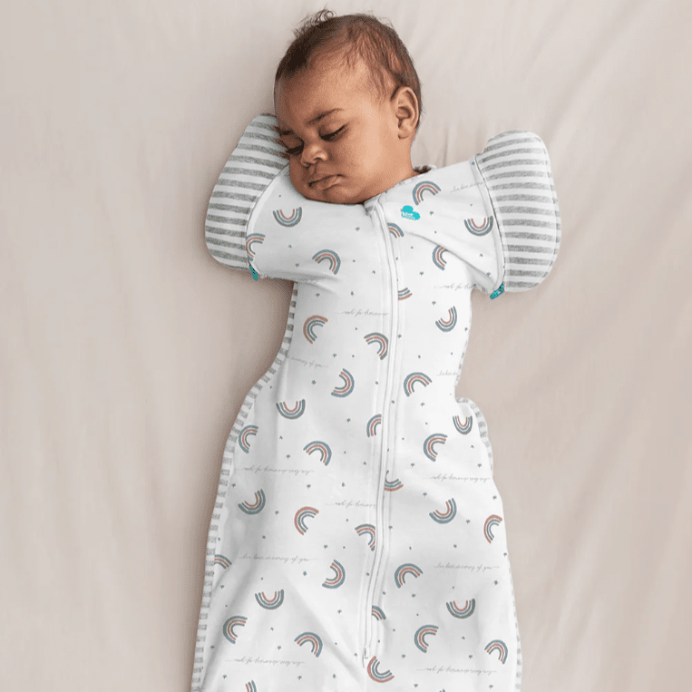 Love To Dream Swaddle Up Transition Bag Original Cotton in white with rainbow print and gray striped wings