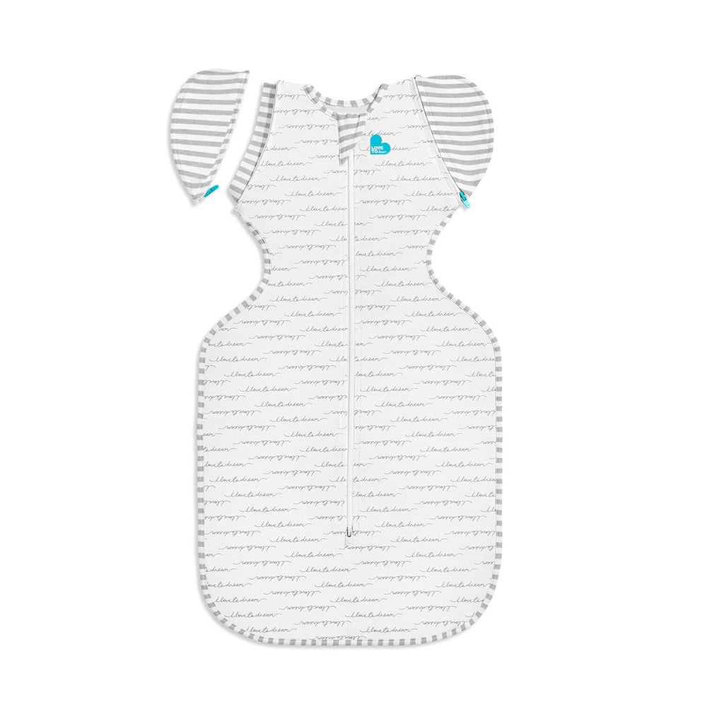 Love To Dream Swaddle Up Transition Bag Original Cotton 1.0 Tog, white with gray striped sleeves, arms tucked into soft wing sleeves.
