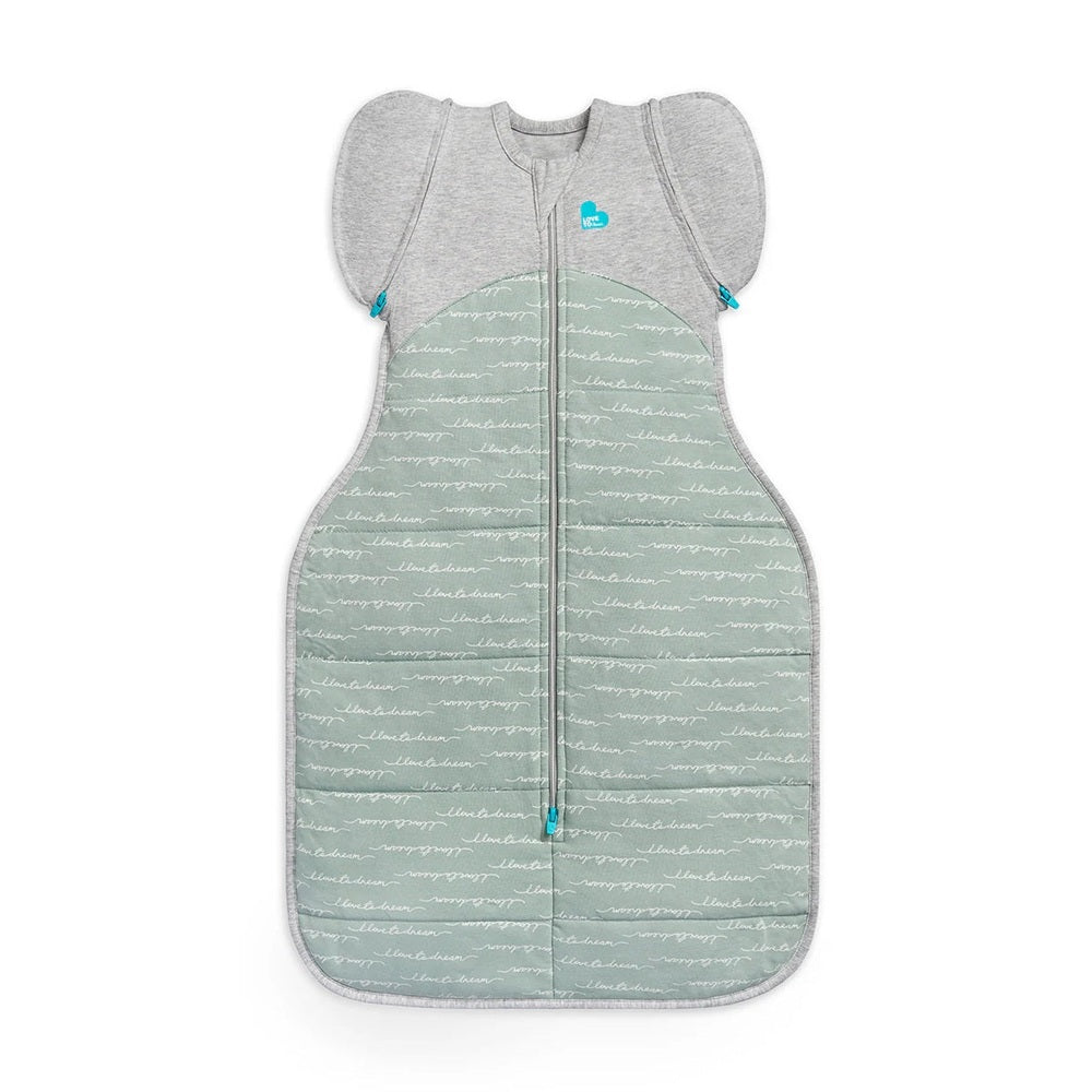 Love To Dream Transition Bag Quilted Cotton Olive Dreamer, gray top with teal zippers worn as a full-front zip sleep sack.