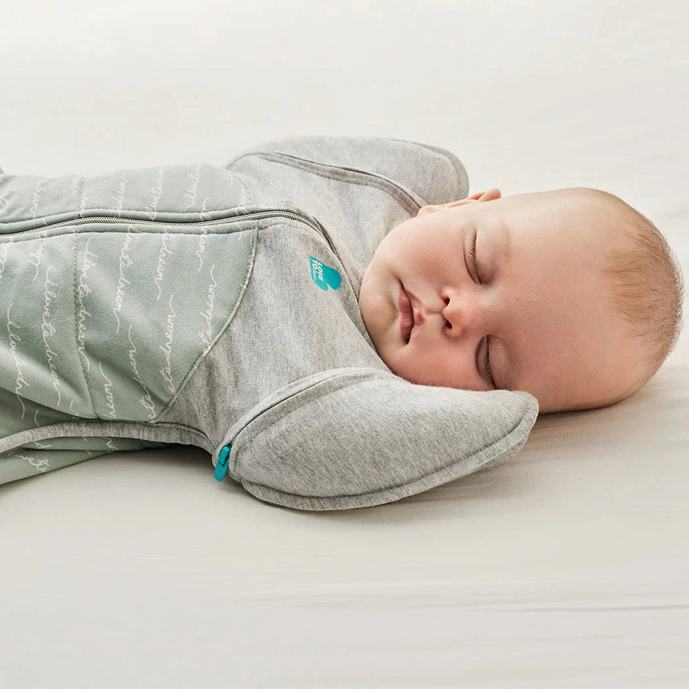 Love To Dream Transition Bag Quilted Cotton 2.5 Tog Olive Dreamer baby sleeping in a soft quilted sleep sack