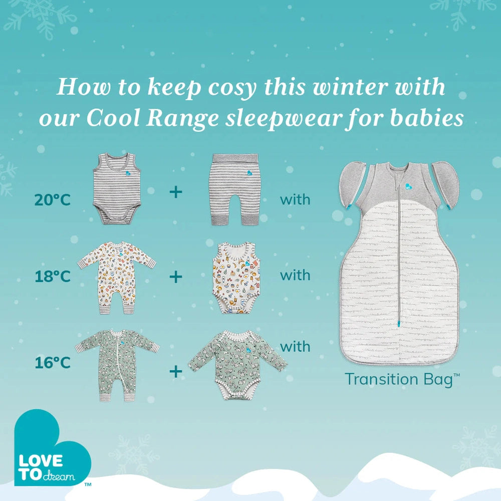 Love To Dream Transition Bag Quilted Cotton 2.5 Tog Olive Dreamer; illustrated with matching baby sleepers at 20C and 18C to show layering.