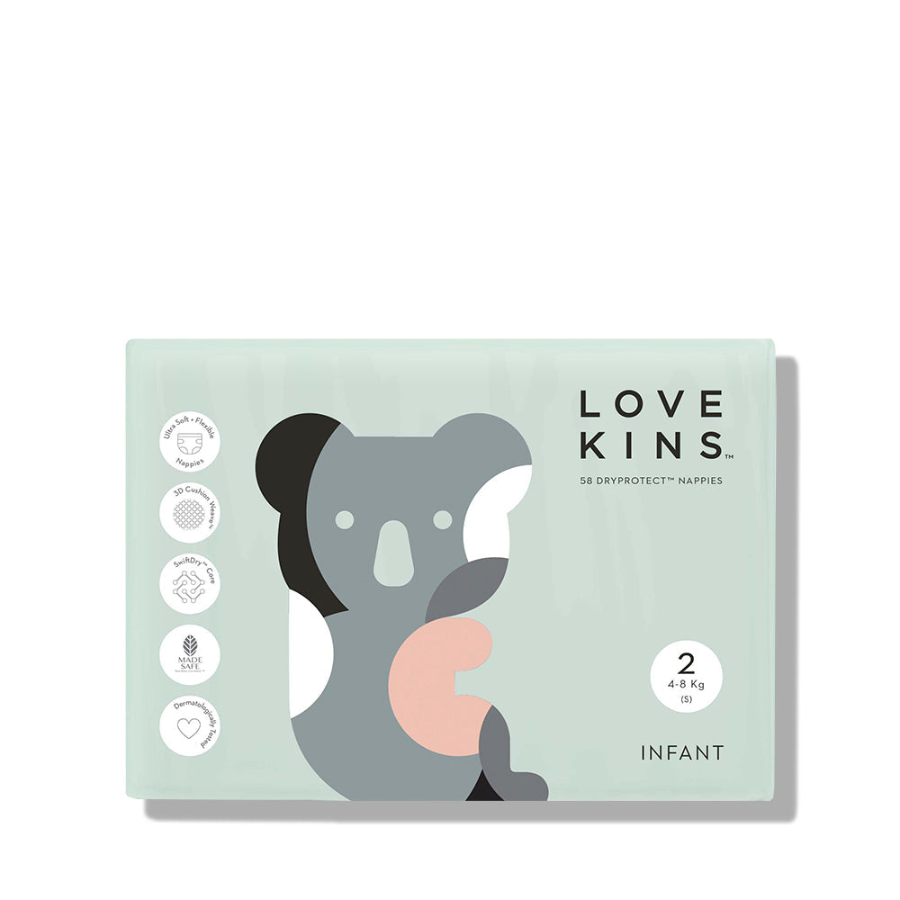 Lovekins Dryprotect infant nappies S (4-8 kg), 2-pack in mint-green packaging with LoveKins logo