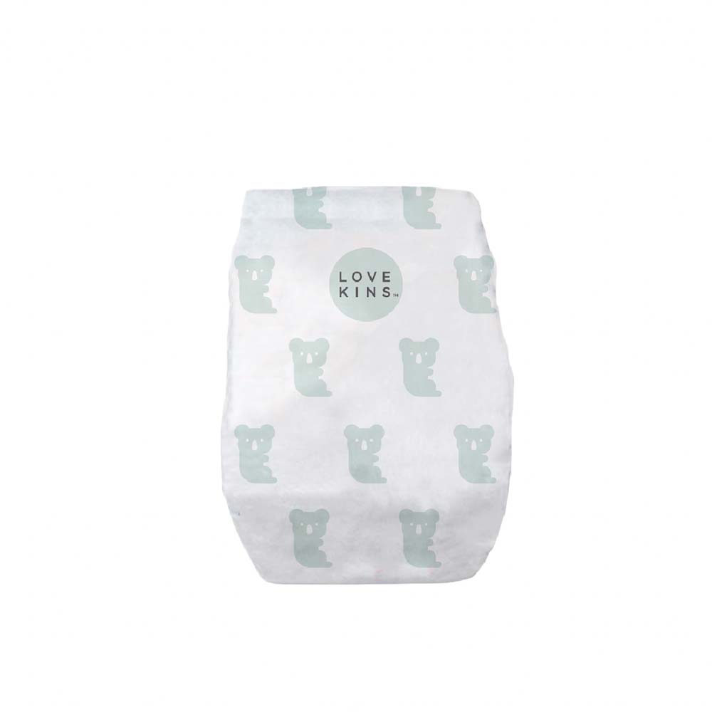 Lovekins DryProtect Infant Nappies S (4-8 kg), white with pale teal koala print and logo