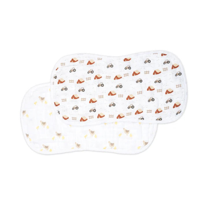 Lulujo baby burp cloths 2-pack, white muslin with barnyard hens and chicks print.