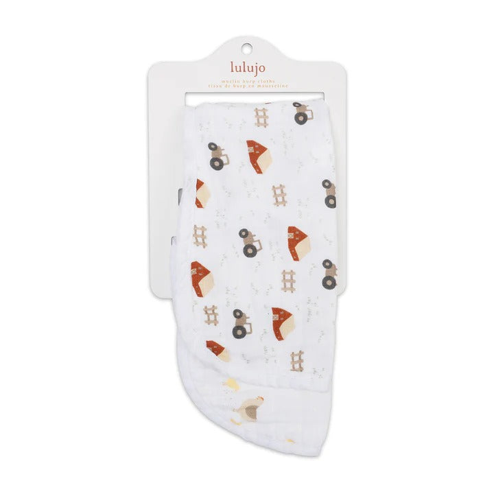 Lulujo baby burp cloths 2-pack white muslin with barnyard farm prints (hens, chicks, tractors)