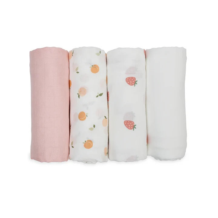 Lulujo bamboo muslin swaddle blankets 4-pack in pink solid, peach print, strawberry print, and white.