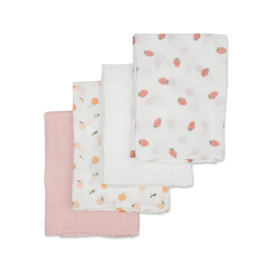 LULUJO bamboo muslin swaddle blankets 4-pack in pastel pink and white with fruit prints