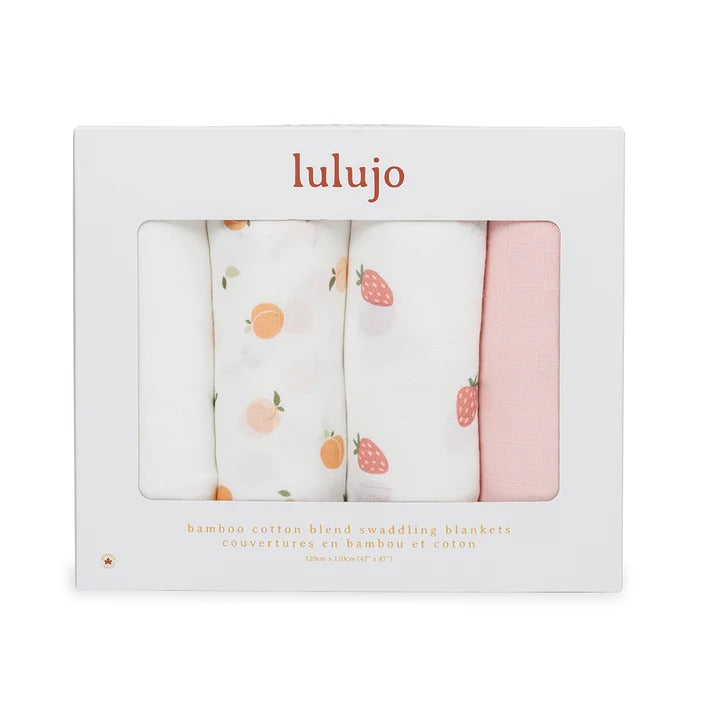Lulujo bamboo muslin swaddle blankets 4-pack; white with peach/strawberry prints and pink solid swirls