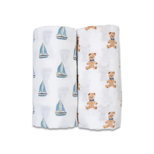 Lulujo baby cotton swaddle 2-pack with vintage bear and sailboat prints on white