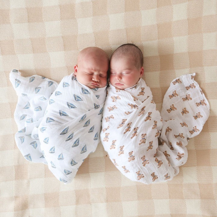 Lulujo baby cotton swaddle blanket set, 2-pack, white with vintage bear and sailboat prints
