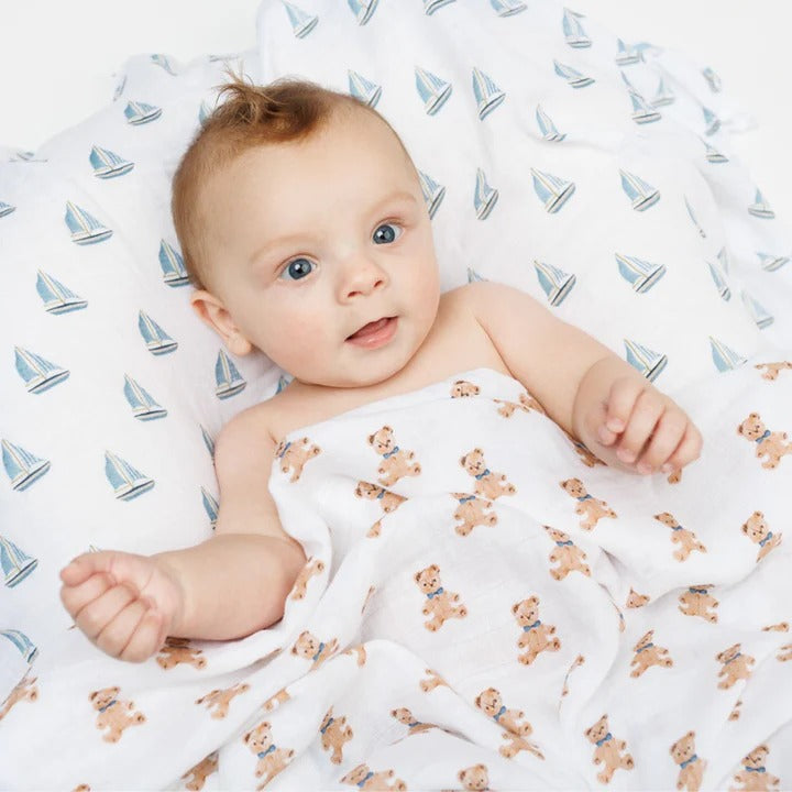 LULUJO cotton baby swaddle blanket set, vintage bears & sailboats, white with brown bears and blue boats, 2-pack