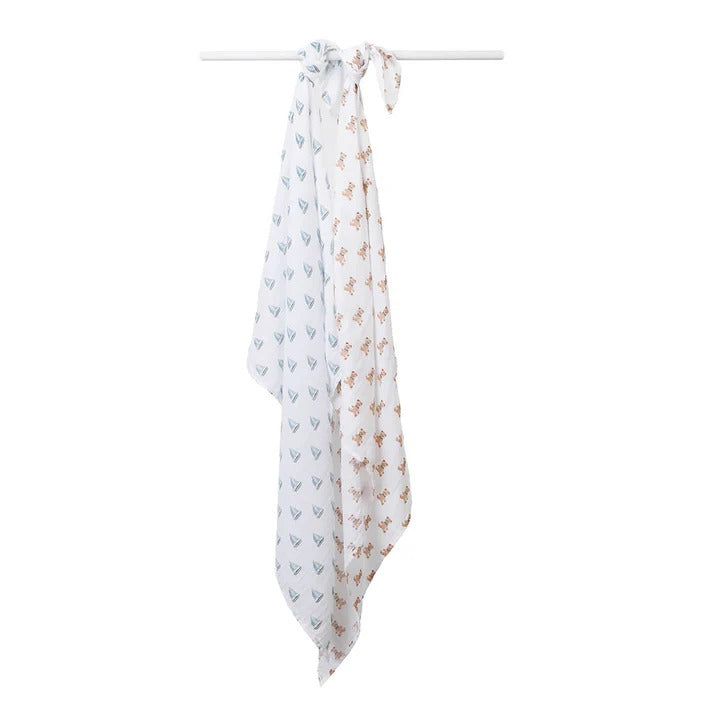 Lulujo baby cotton swaddle 2-pack in white with blue sailboats and brown bears patterns